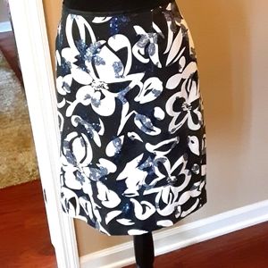 Transitions black white floral pencil skirt steel blue sequin ribbon sz 10 EUC…